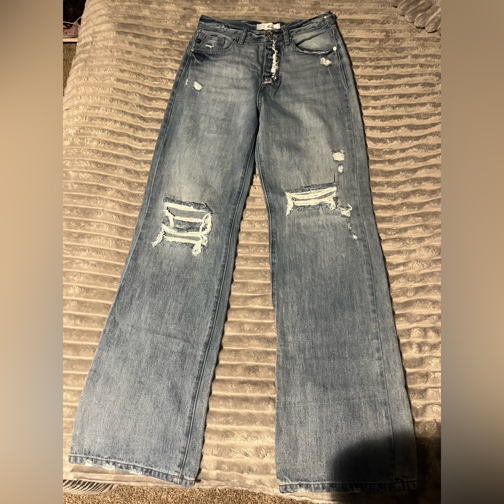 KanCan Straight Leg Jeans in Faded Blue with Distressed Accents